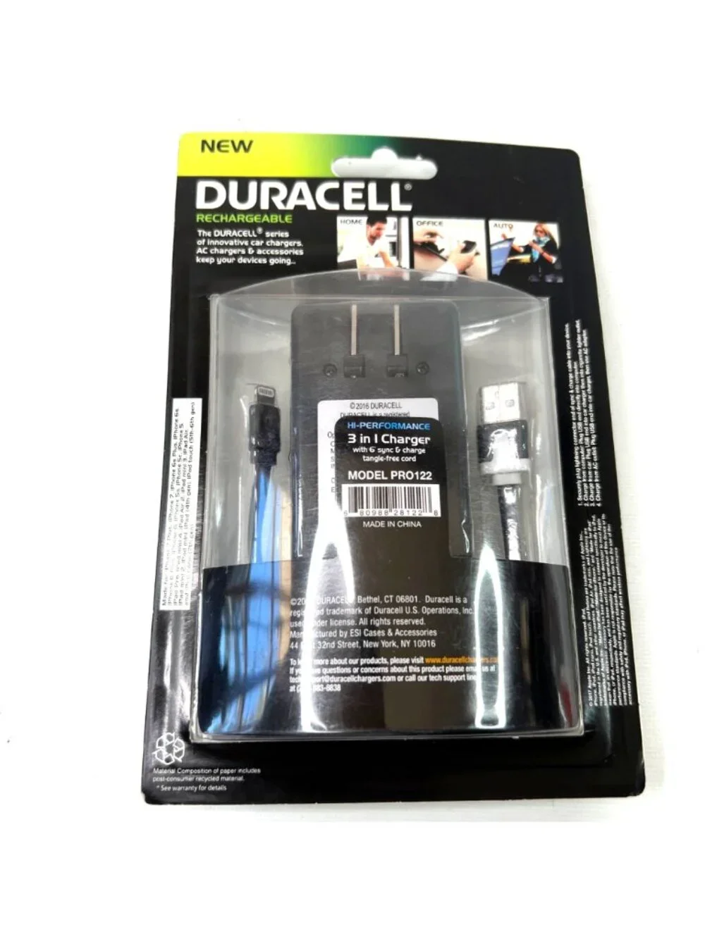 Duracell 3 in 1 Rechargeable Charger PRO122 6ft Cord iPhone iPad iPod